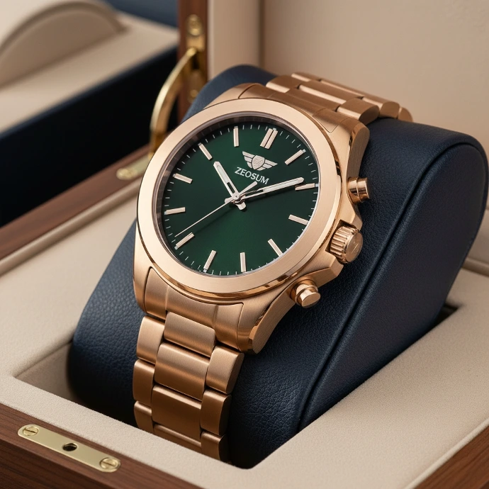 Zeosum Executive Gold Watch with Forest Green Dial and Automatic Movement