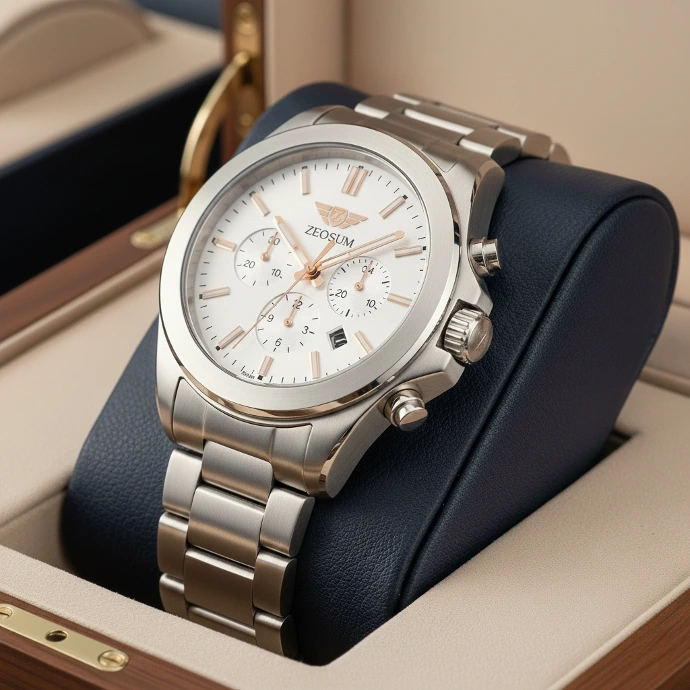 Zeosum Minimalist Silver Watch with White Dial for Formal Wear